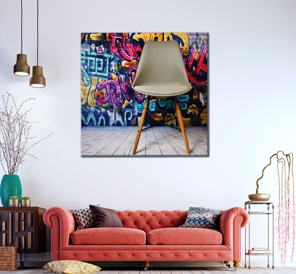 Square Canvas Colorful Grafitti Wall Design & Chair Photograph High Quality Print 100% Australian Made