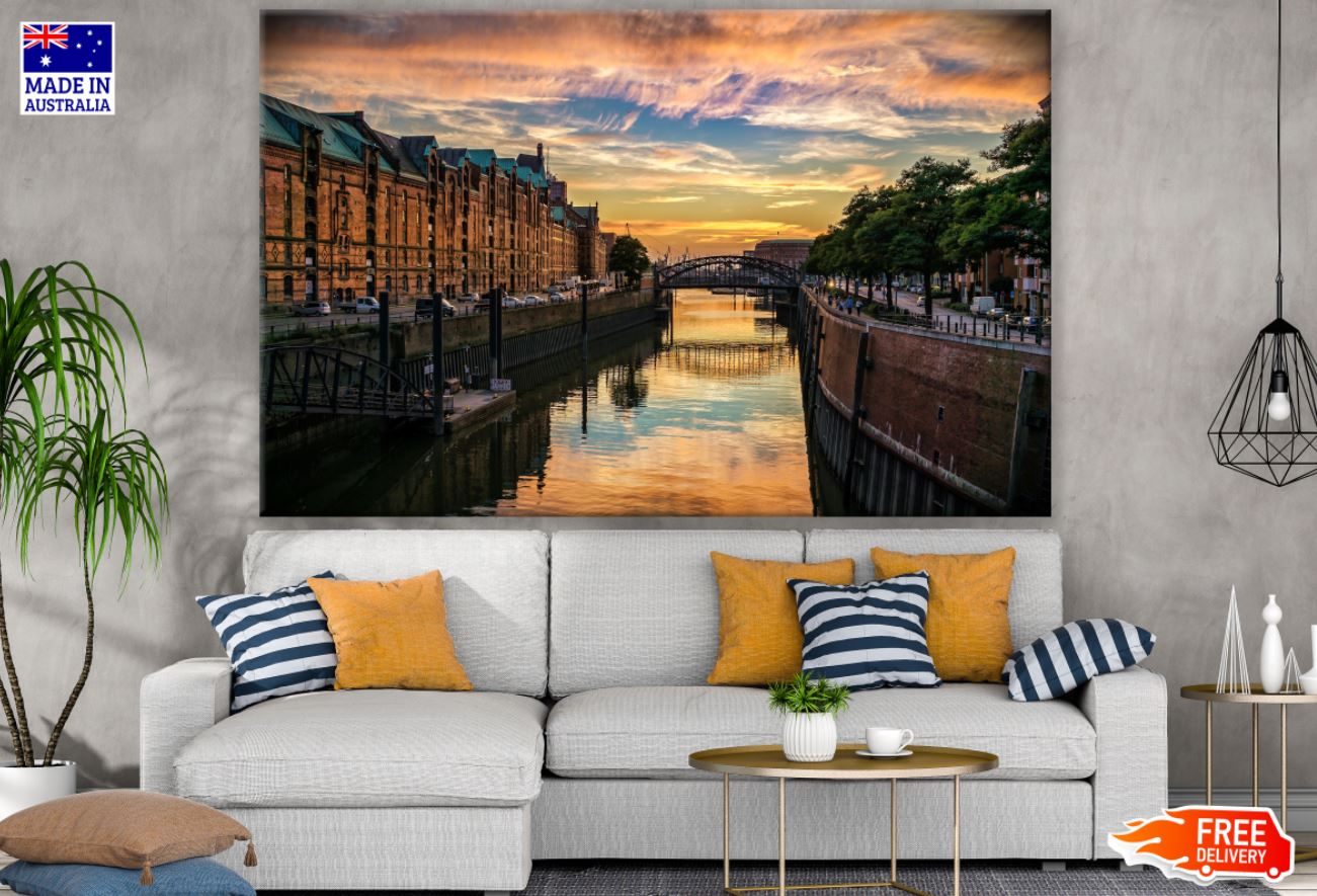 Canal Near Buidlings Sunset View Print 100% Australian Made