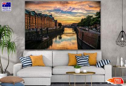 Canal Near Buidlings Sunset View Print 100% Australian Made
