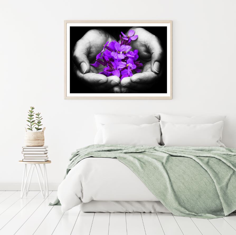 Purple Flowers on Hand B&W View Home Decor Premium Quality Poster Print Choose Your Sizes