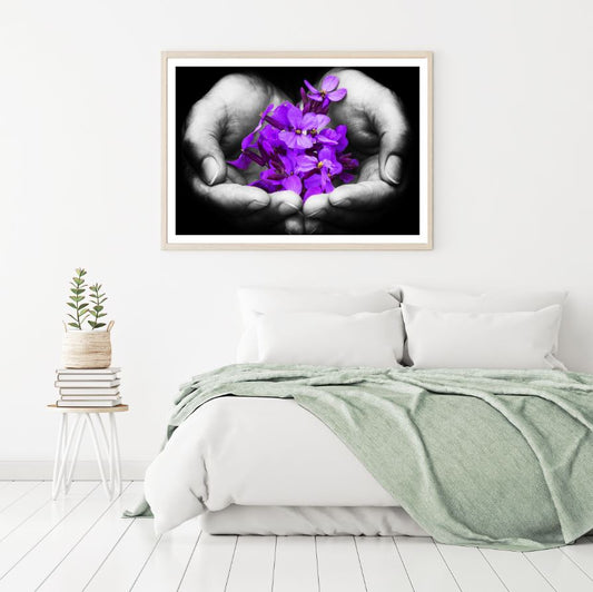 Purple Flowers on Hand B&W View Home Decor Premium Quality Poster Print Choose Your Sizes
