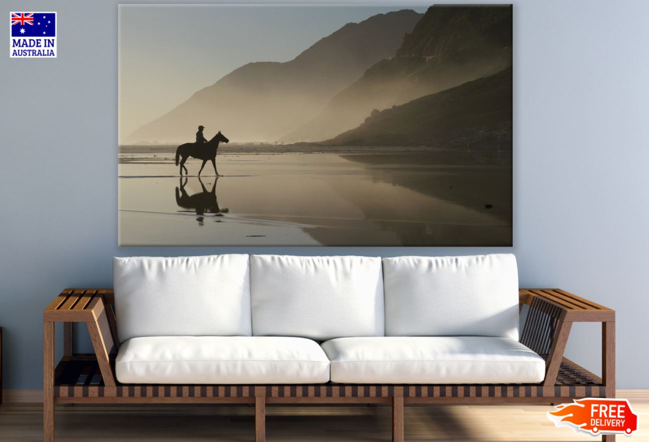 Boy on Horse Near Misty Lake View Print 100% Australian Made