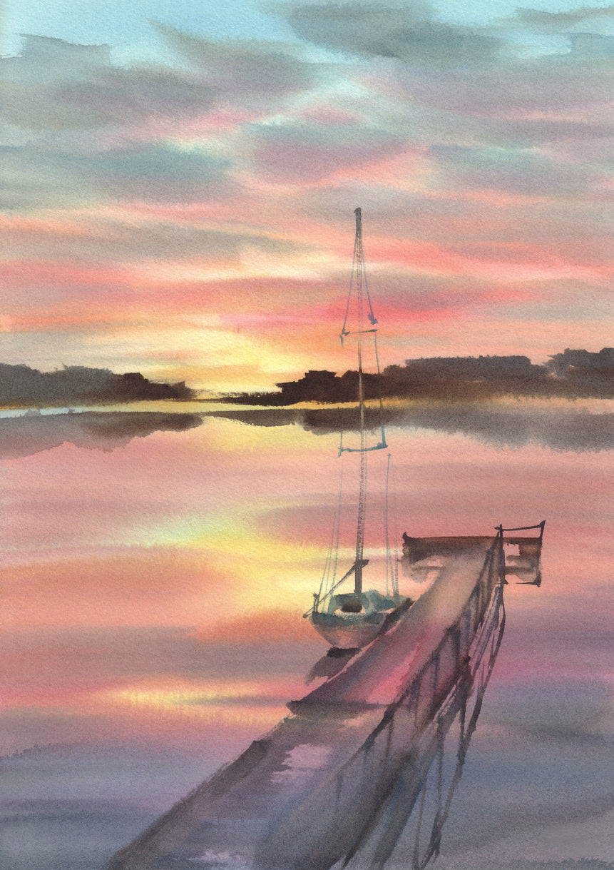 Boat & Wooden Pier Painting Home Decor Premium Quality Poster Print Choose Your Sizes