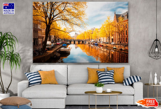 Houses Near Canal Yellow Trees Print 100% Australian Made