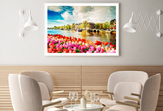 Tulip Flowers & City with Lake Home Decor Premium Quality Poster Print Choose Your Sizes