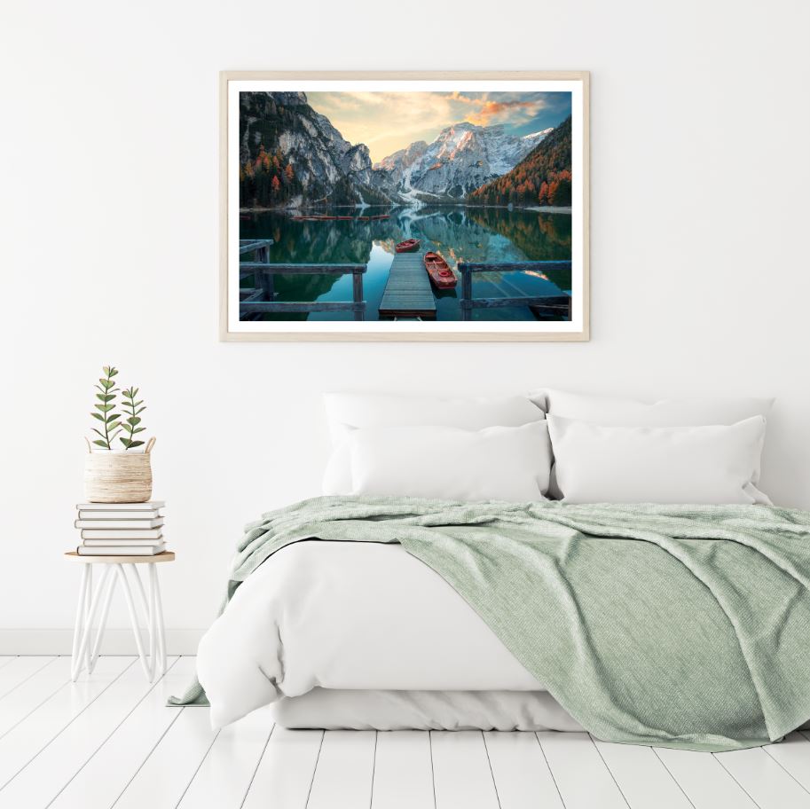 Boats on Lake with Mountain View Home Decor Premium Quality Poster Print Choose Your Sizes
