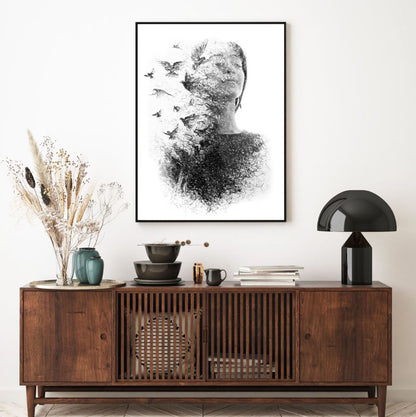 Face & Bird B&W Painting Home Decor Premium Quality Poster Print Choose Your Sizes