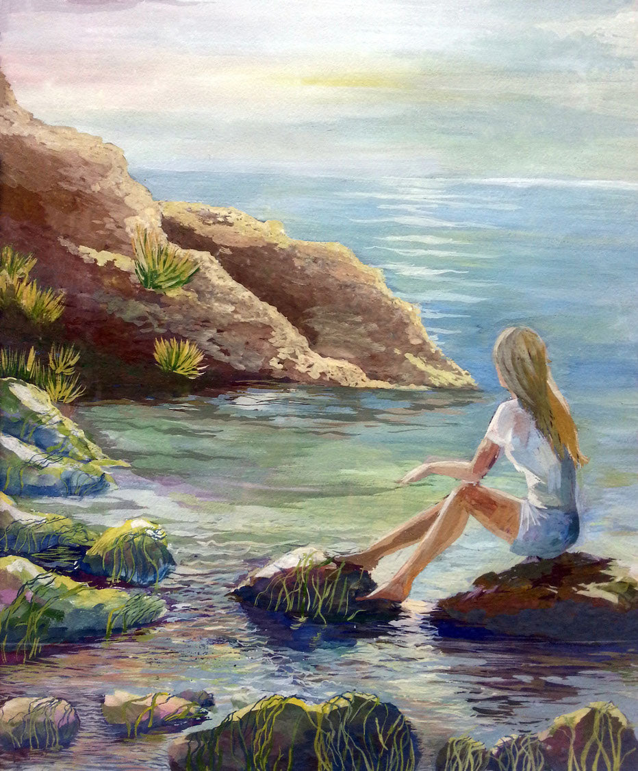 Girl on Rock Near Sea Painting Print 100% Australian Made