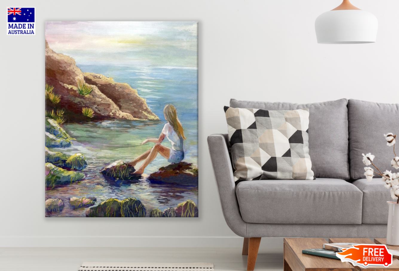 Girl on Rock Near Sea Painting Print 100% Australian Made