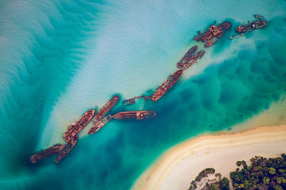 Wrecked Ships in Sea Aerial View Print 100% Australian Made