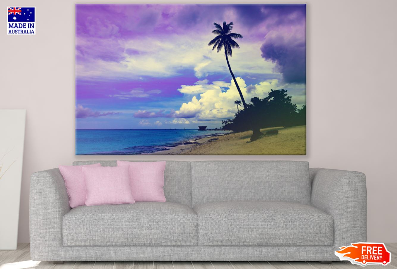 Palm Tree Near Sea Sunset Scenery Print 100% Australian Made