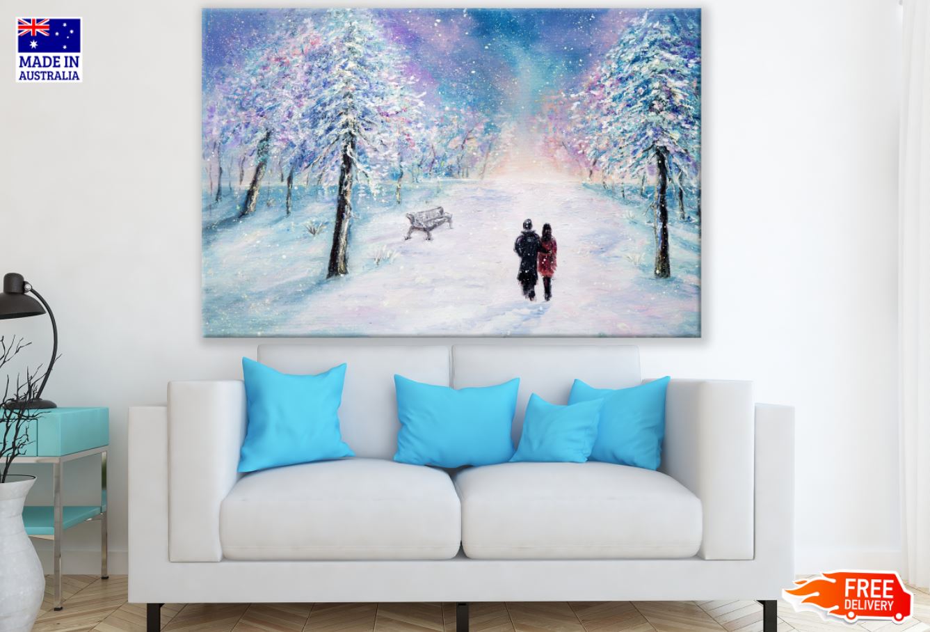 Couple Walk on Snow Oil Painting Print 100% Australian Made
