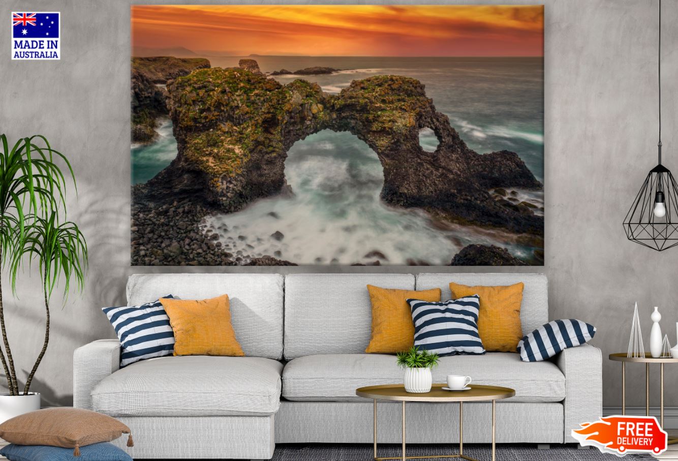 Sea & Rock Caves Sunset Scenery Print 100% Australian Made