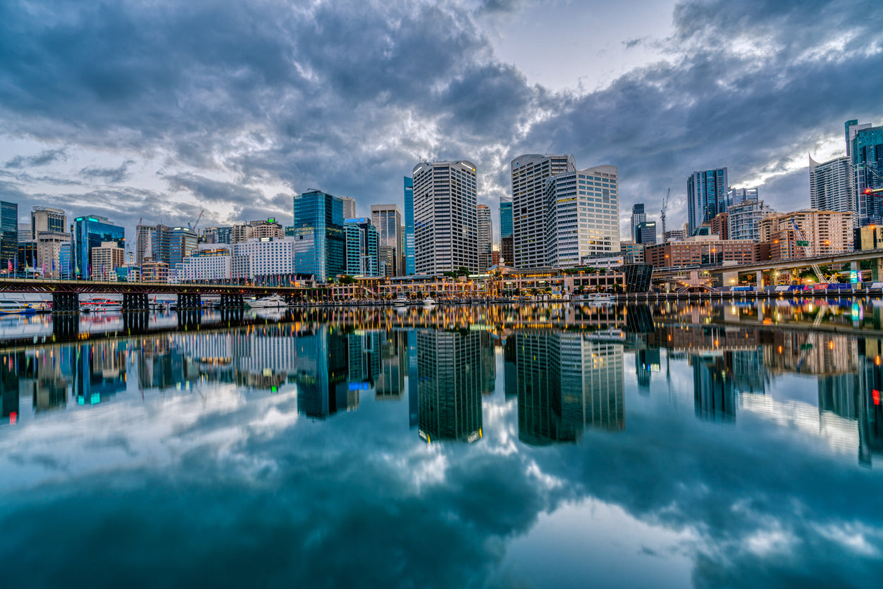 City Buildings & Water Reflection Print 100% Australian Made