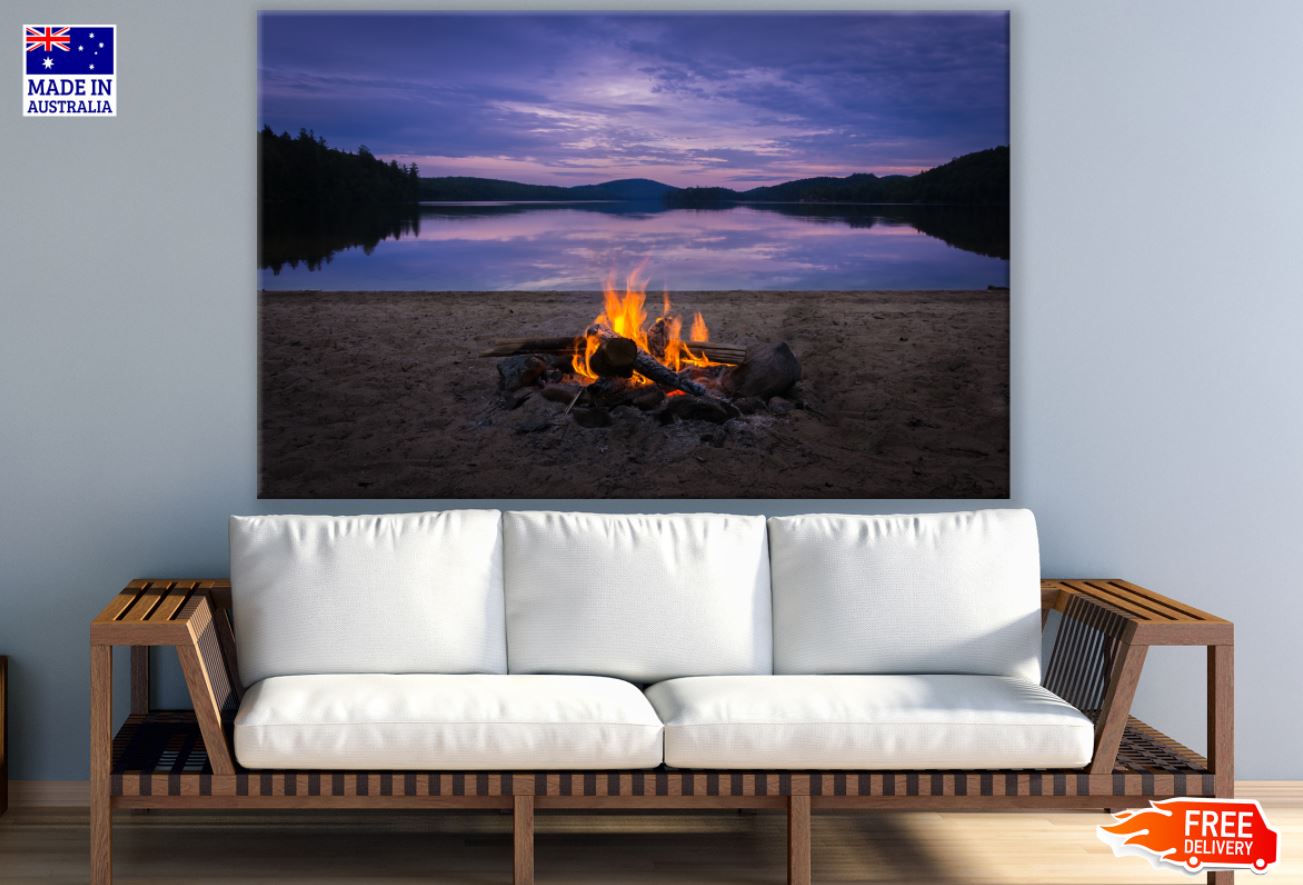 Bon fire Near Lake Scenery View Print 100% Australian Made