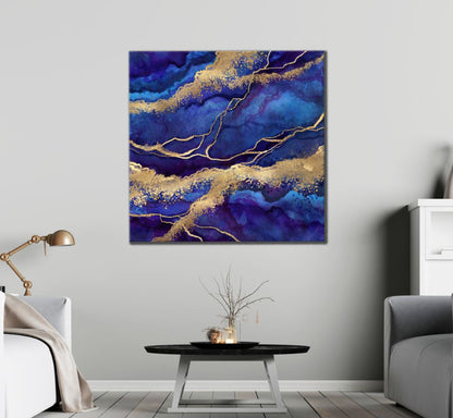 Square Canvas Blue & Gold Abstract Design High Quality Print 100% Australian Made