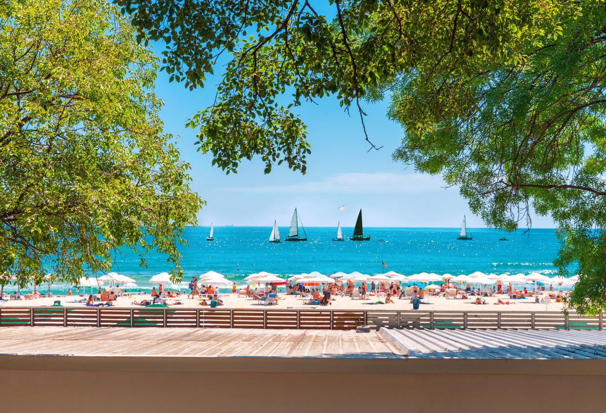 Boats & People on Sea Shore View Print 100% Australian Made