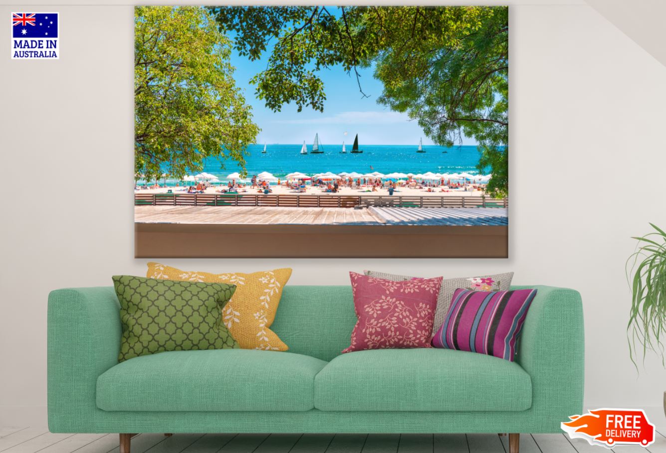 Boats & People on Sea Shore View Print 100% Australian Made