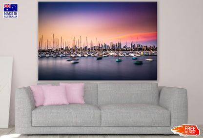 Boats on Harbour Sunset Scenery Print 100% Australian Made