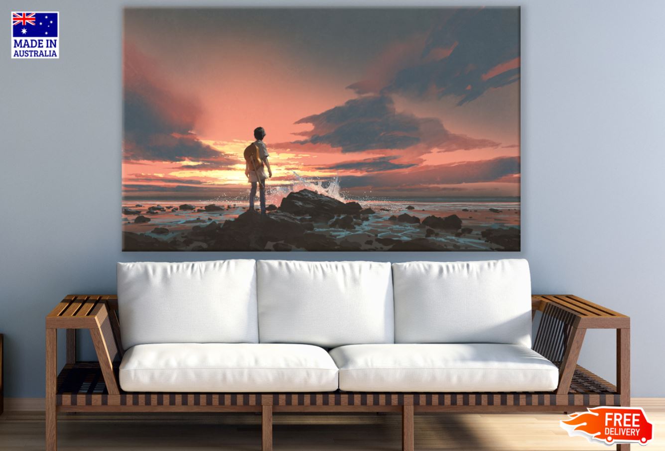 Boy with Guitar at Sea Painting Print 100% Australian Made