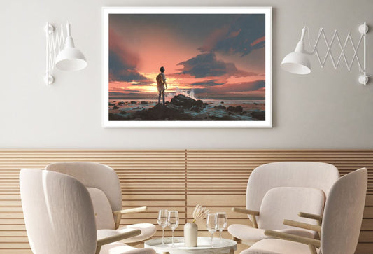 Boy with Guitar at Sea Painting Home Decor Premium Quality Poster Print Choose Your Sizes