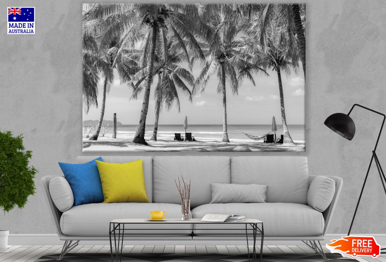 Palm Trees Near Sea B&W View Print 100% Australian Made