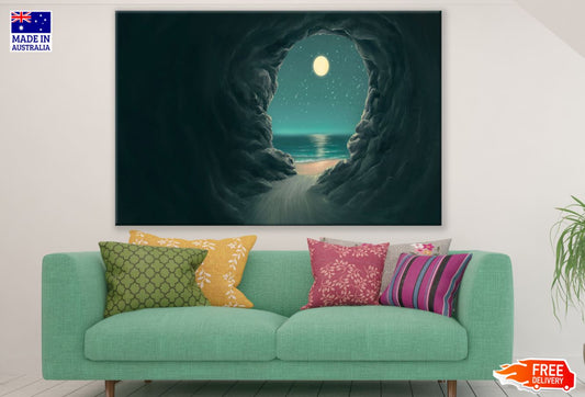 Rock Cave at Shore Oil Painting Print 100% Australian Made