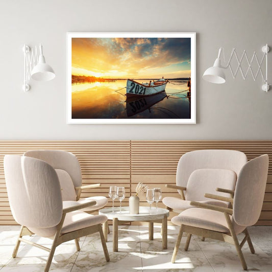 Boat on Lake Sunset Photograph Home Decor Premium Quality Poster Print Choose Your Sizes