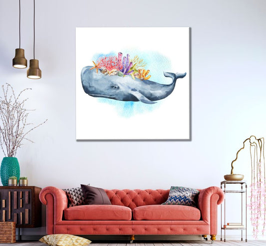 Square Canvas Reefs on Whale Painting High Quality Print 100% Australian Made