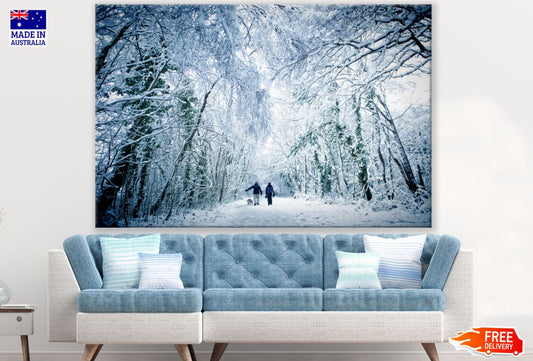 Couple & Dog in Snow Covered Road Print 100% Australian Made