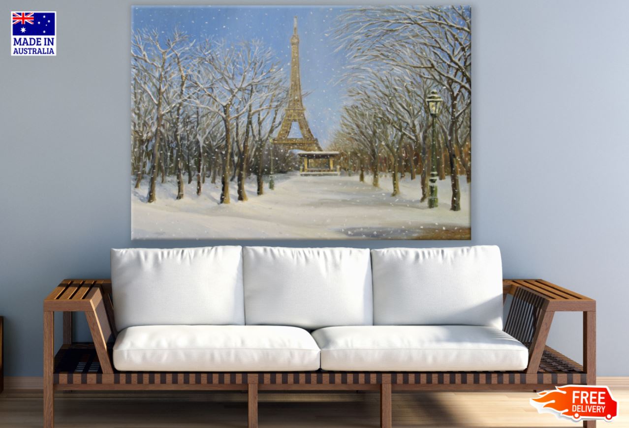 Eiffel Tower & Dry Trees Snow Art Print 100% Australian Made
