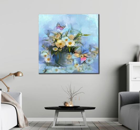 Square Canvas Flower Vase & Butterfly Art High Quality Print 100% Australian Made