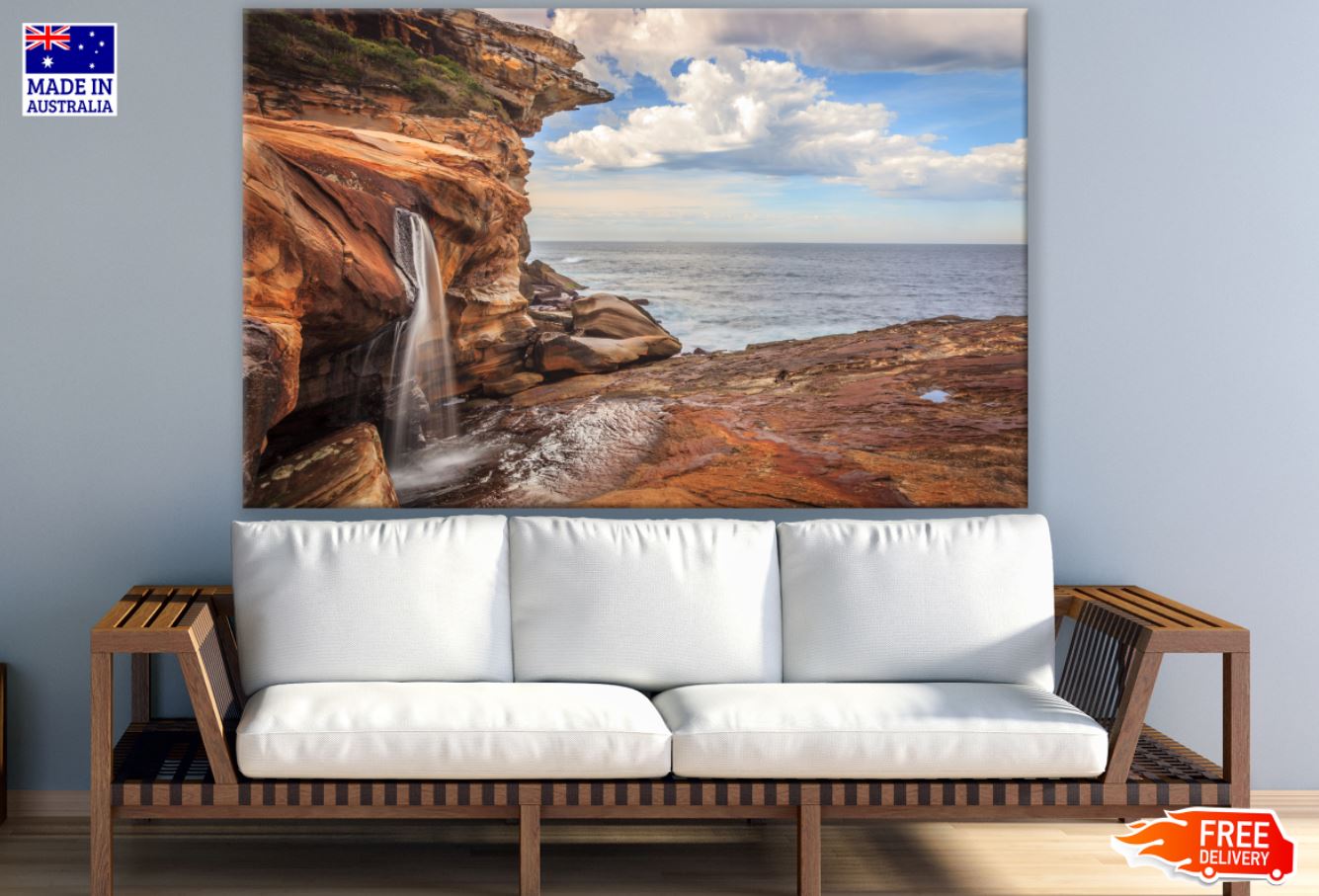 Waterfall Near Sea Scenery View Print 100% Australian Made