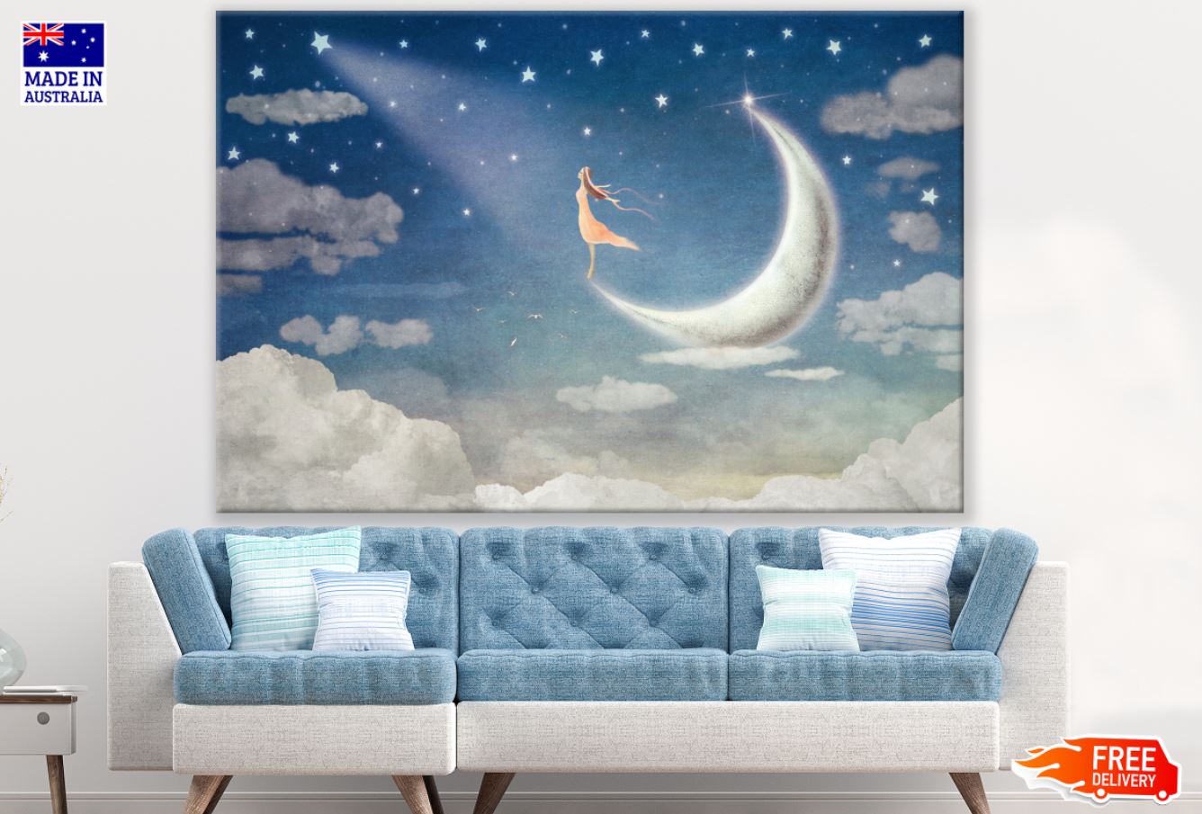 Girl on Moon Watercolor Painting Print 100% Australian Made