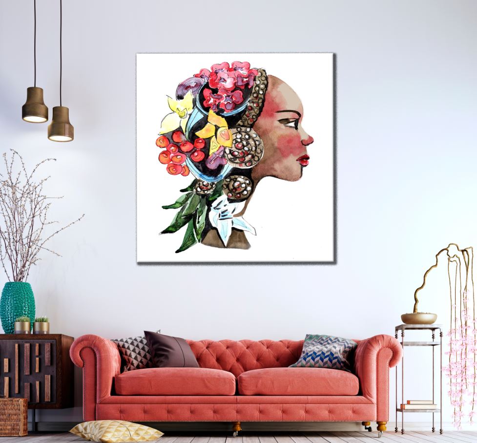 Square Canvas Girl with Headdress Painting High Quality Print 100% Australian Made