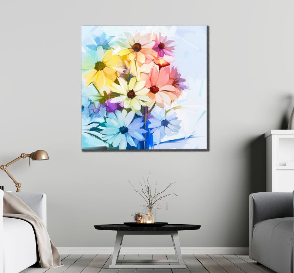 Square Canvas Pink Blue & Yellow Flowers High Quality Print 100% Australian Made