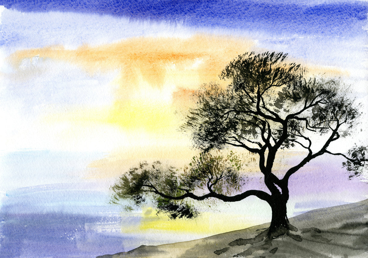 Tree on Hill Watercolor Painting Print 100% Australian Made