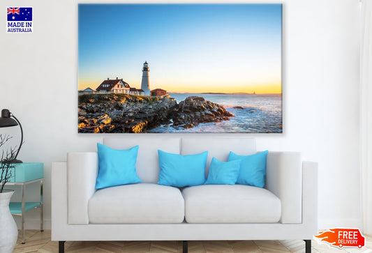 House & Light House Near Sea View Print 100% Australian Made
