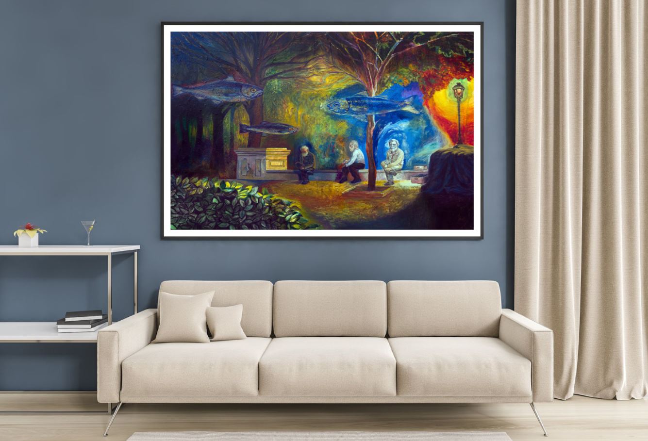 Fish & People on Street Oil Painting Home Decor Premium Quality Poster Print Choose Your Sizes