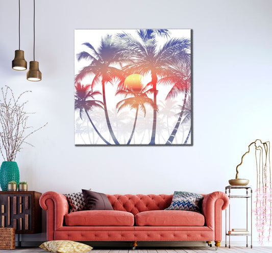 Square Canvas Palm Trees & Sunset View High Quality Print 100% Australian Made