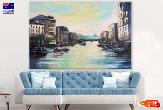 Boats on Canal Watercolor Paint Print 100% Australian Made