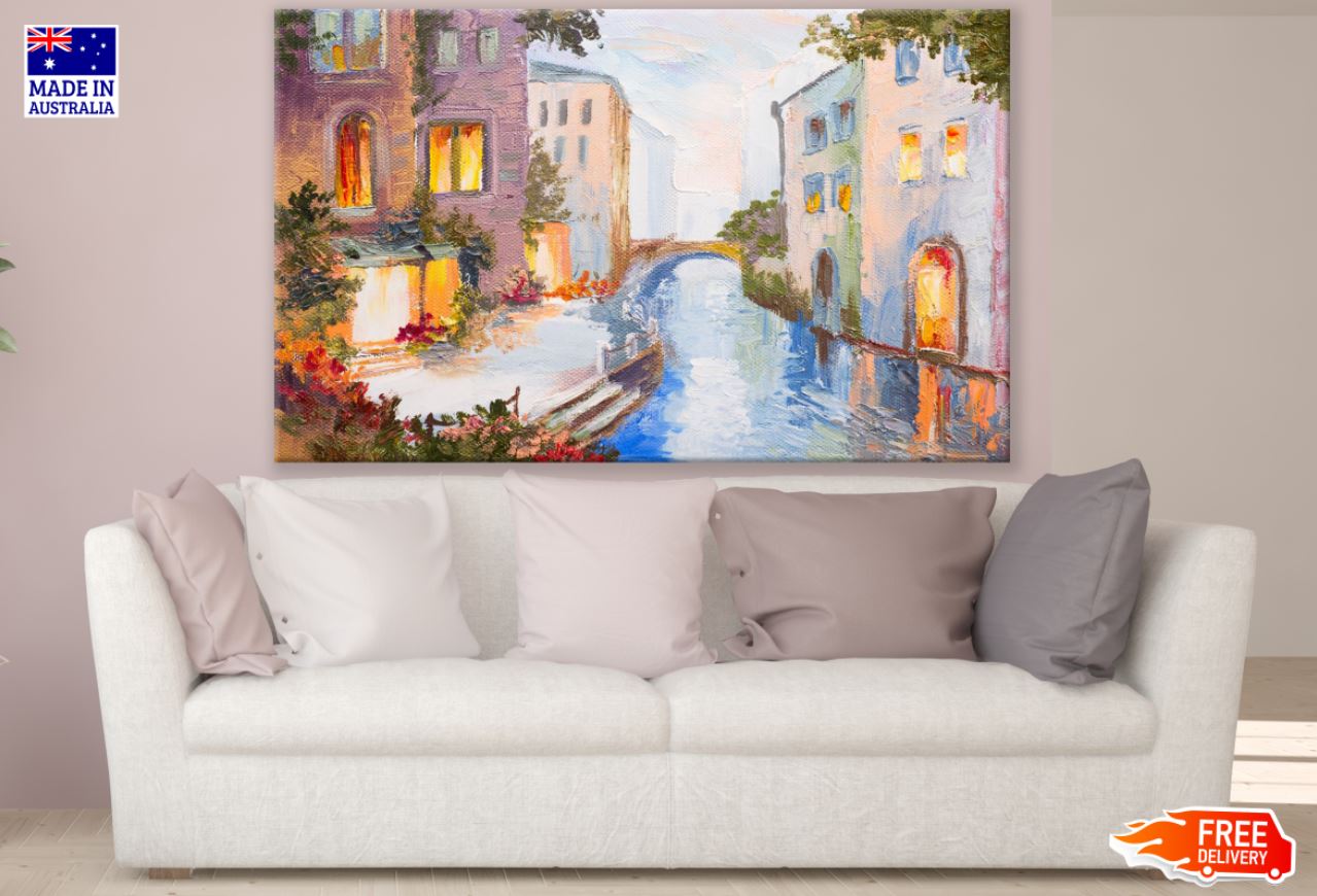 Houses Near Canal Oil Painting Print 100% Australian Made