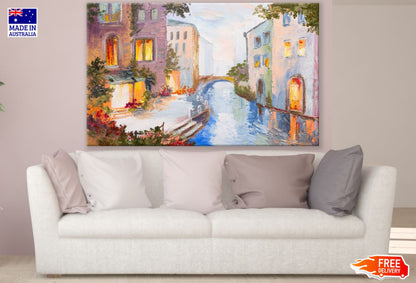 Houses Near Canal Oil Painting Print 100% Australian Made