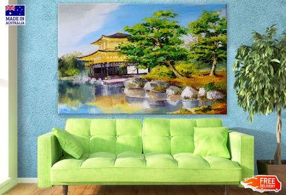 Japanese House Near a Lake Oil Painting Print 100% Australian Made