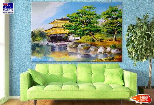 Japanese House Near a Lake Oil Painting Print 100% Australian Made