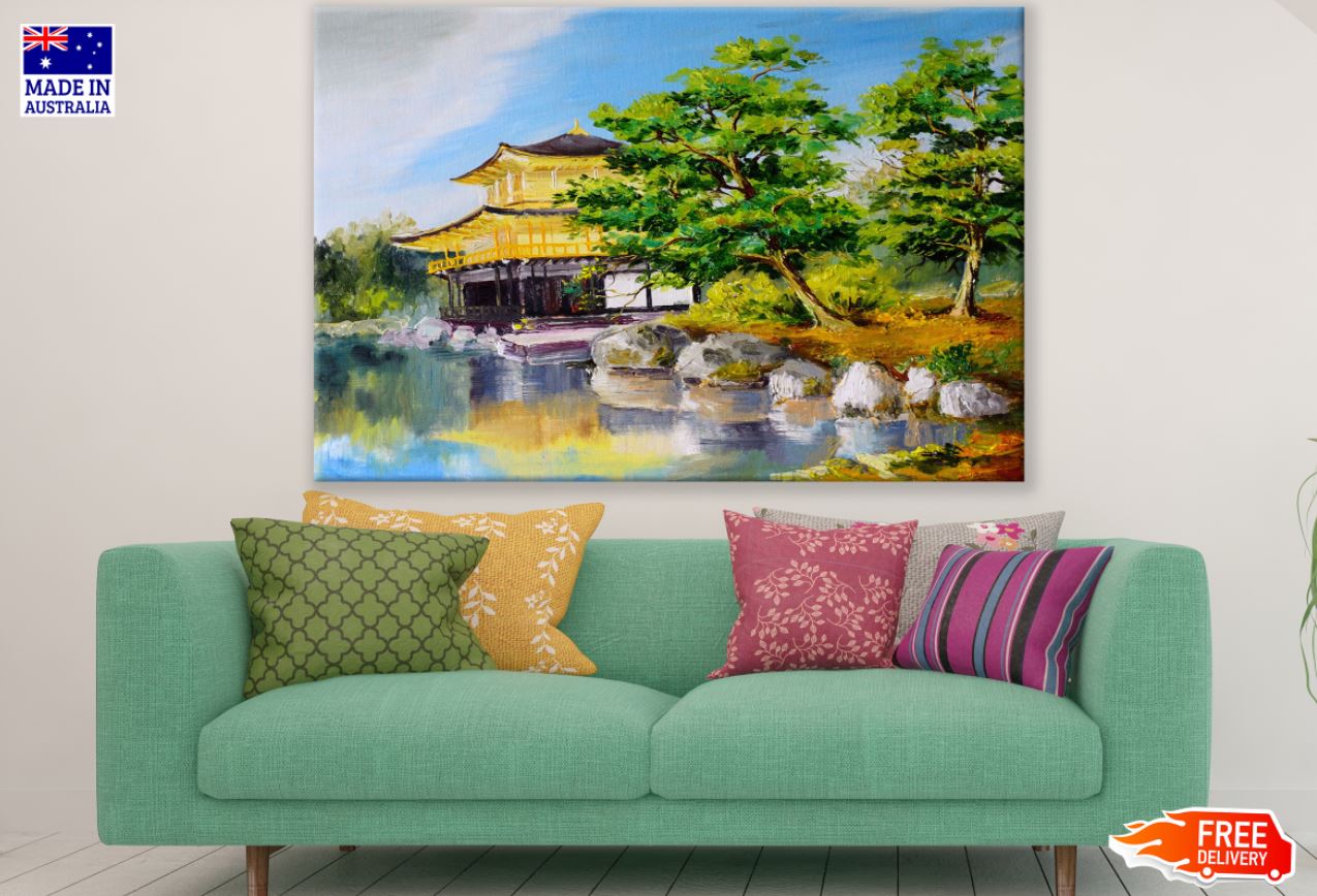Japanese Palace Near Lake Paint Print 100% Australian Made