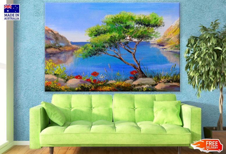 Tree near Lake Oil Painting Print 100% Australian Made