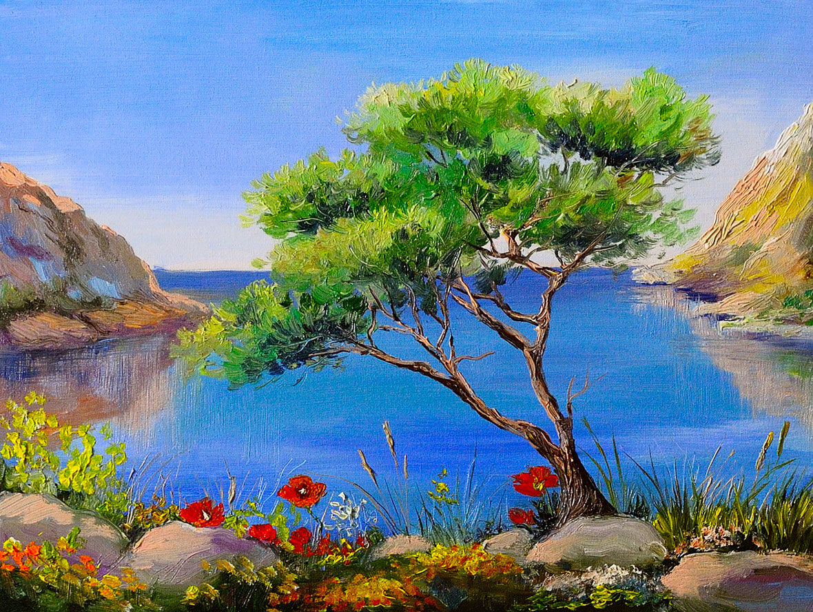 Tree near Lake Oil Painting Print 100% Australian Made