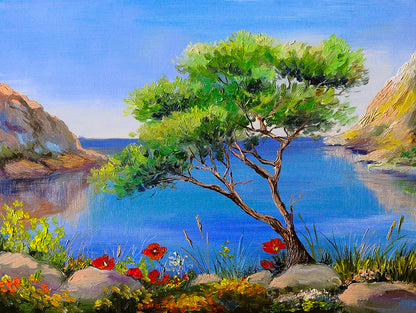 Tree near Lake Oil Painting Print 100% Australian Made