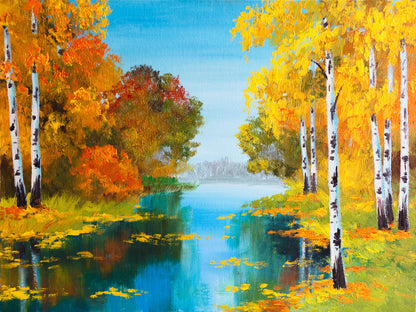 River in Autumn Tree Forest Oil Painting Print 100% Australian Made